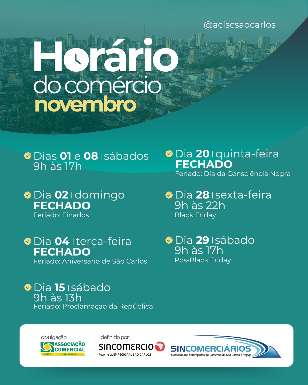 Comércio de São Carlos divulga horário especial de funcionamento para novembro