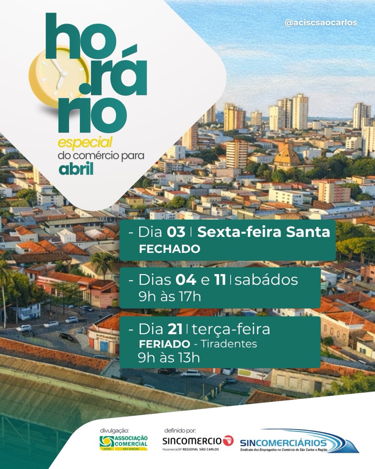 Horário especial de abril orienta consumidores e reforça organização do comércio em São Carlos