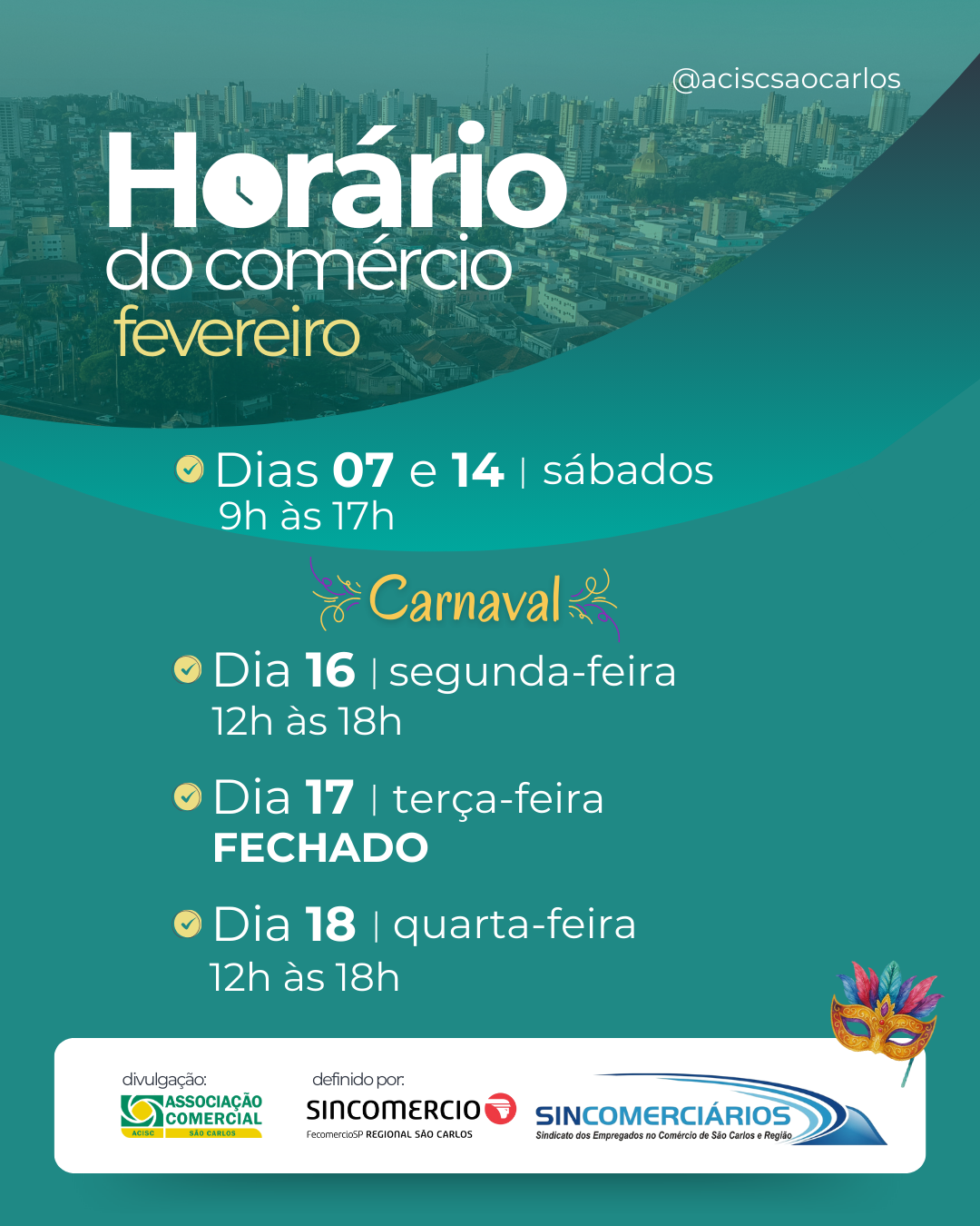 Comércio de São Carlos terá horários diferenciados em fevereiro por conta do Carnaval