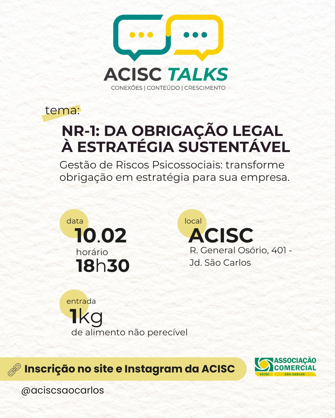 ACISC promove ACISC Talks sobre nova NR-1 e gestão de riscos psicossociais nas empresas